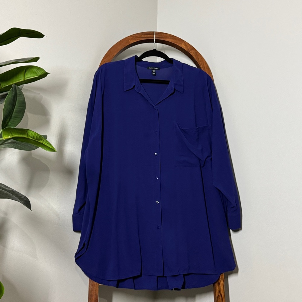 Eileen Fisher 2X Blue 100% Silk Long Sleeve Button Down Shirt Blouse